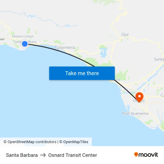 Santa Barbara to Oxnard Transit Center map