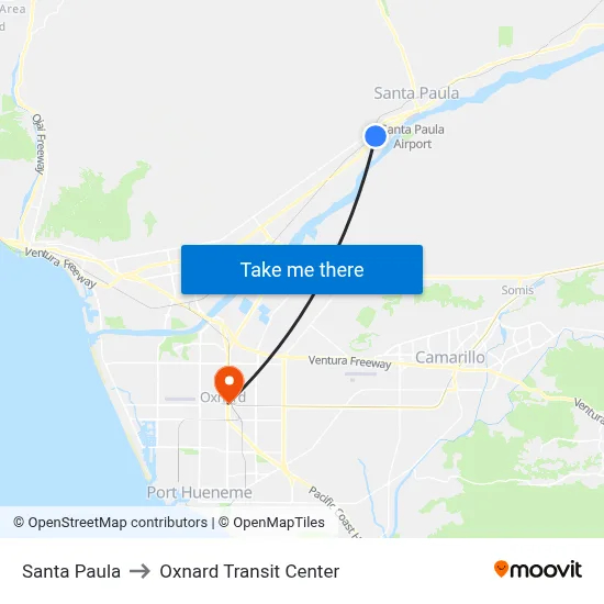 Santa Paula to Oxnard Transit Center map