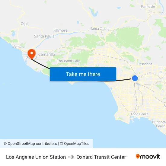 Los Angeles Union Station to Oxnard Transit Center map