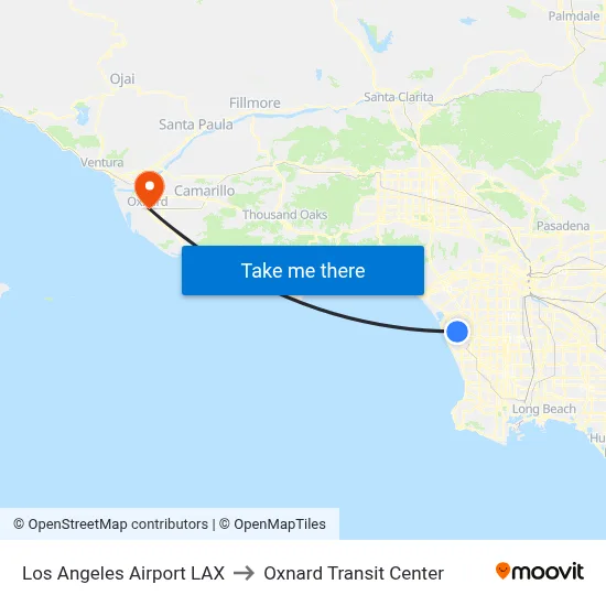 Los Angeles Airport LAX to Oxnard Transit Center map