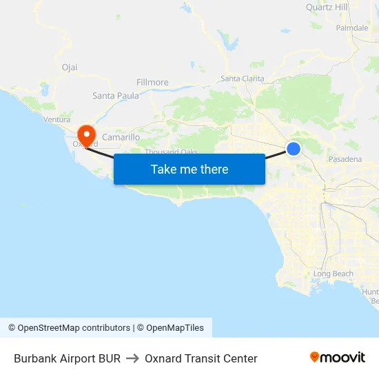 Burbank Airport BUR to Oxnard Transit Center map