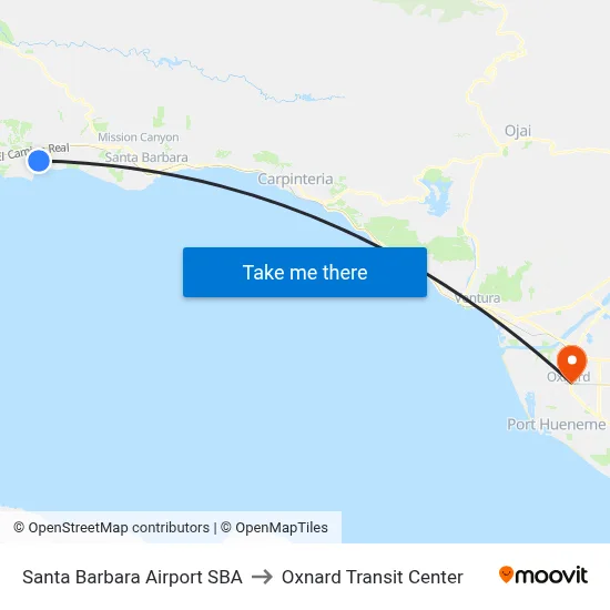 Santa Barbara Airport SBA to Oxnard Transit Center map