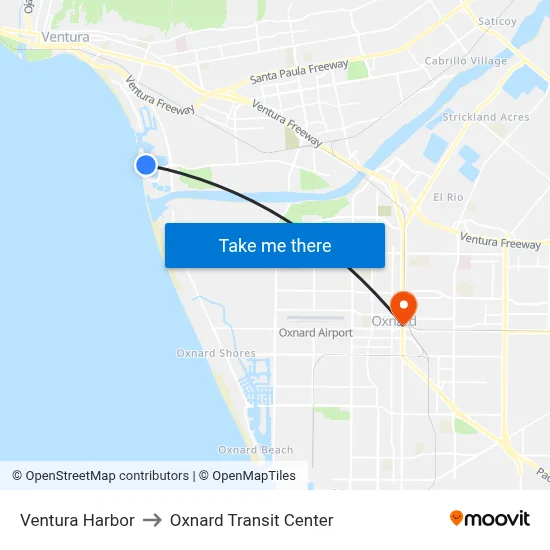 Ventura Harbor to Oxnard Transit Center map