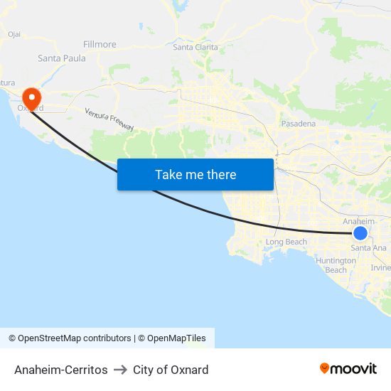 Anaheim-Cerritos to City of Oxnard map