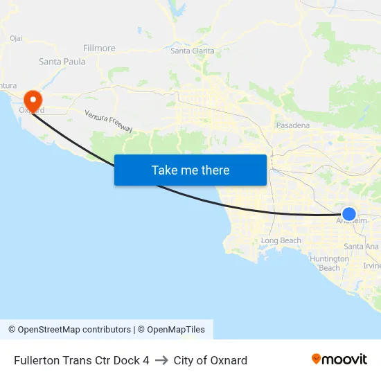 Fullerton Trans Ctr Dock 4 to City of Oxnard map