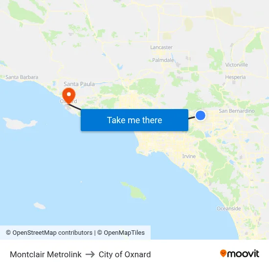 Montclair Metrolink to City of Oxnard map