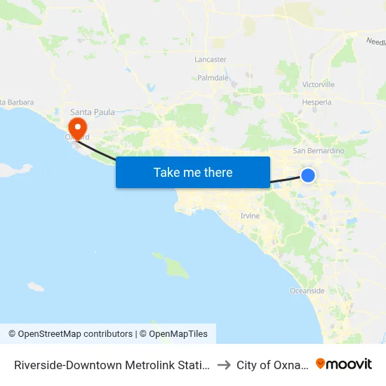 Riverside-Downtown Metrolink Station to City of Oxnard map