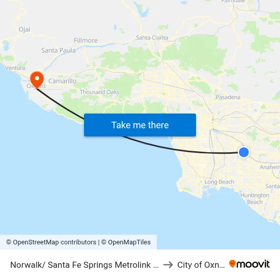 Norwalk/ Santa Fe Springs Metrolink Station to City of Oxnard map