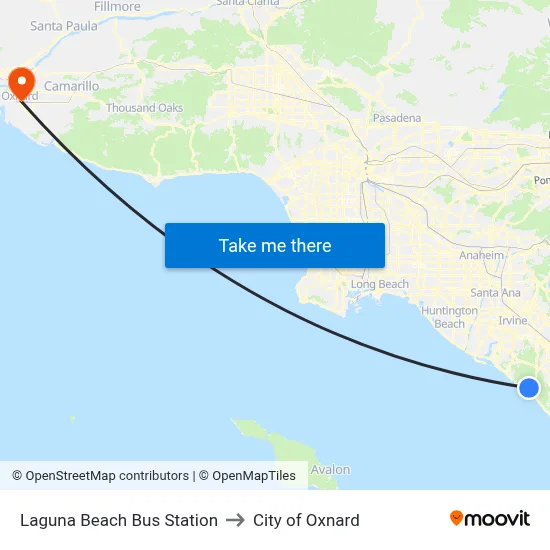 Laguna Beach Bus Station to City of Oxnard map