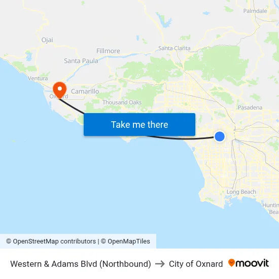 Western & Adams Blvd (Northbound) to City of Oxnard map