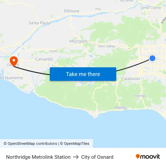 Northridge Metrolink Station to City of Oxnard map