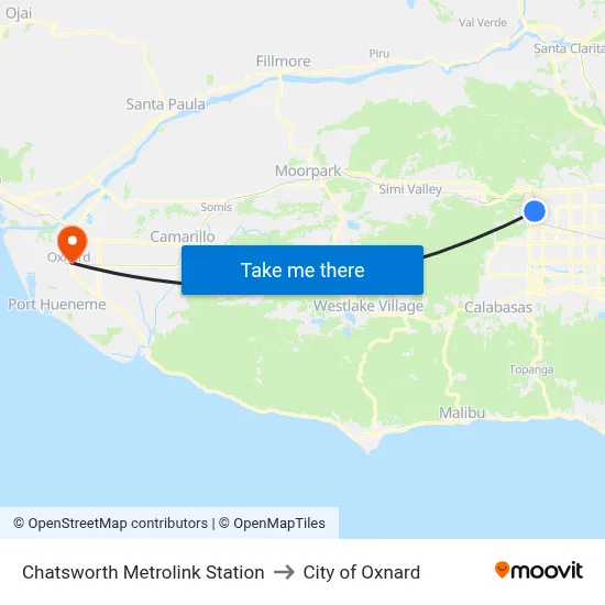 Chatsworth Metrolink Station to City of Oxnard map