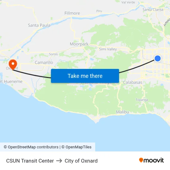 CSUN Transit Center to City of Oxnard map