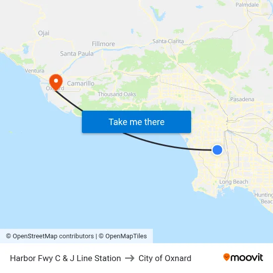Harbor Fwy C & J Line Station to City of Oxnard map