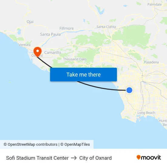 Sofi Stadium Transit Center to City of Oxnard map