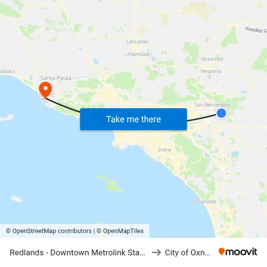 Redlands - Downtown Metrolink Station to City of Oxnard map