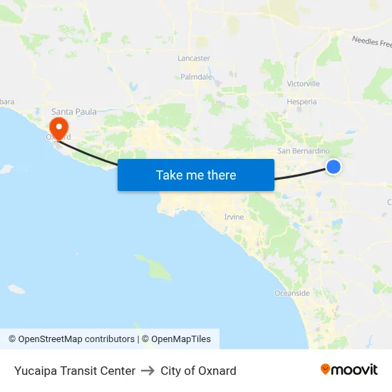 Yucaipa Transit Center to City of Oxnard map