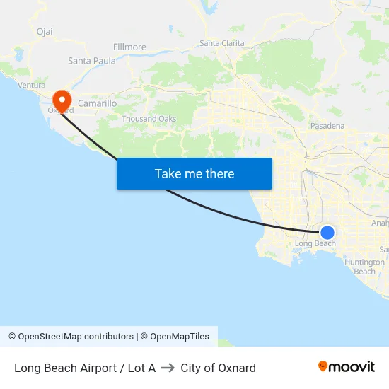 Long Beach Airport / Lot A to City of Oxnard map