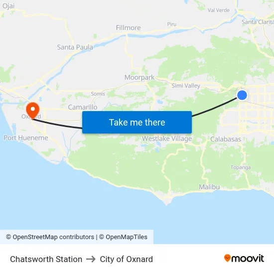Chatsworth Station to City of Oxnard map