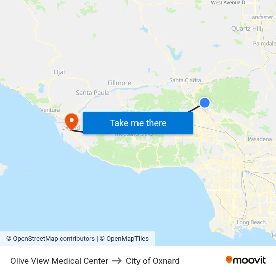 Olive View Medical Center to City of Oxnard map