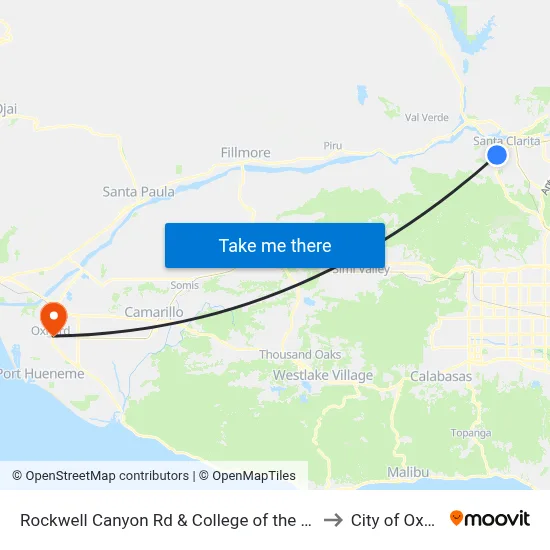 Rockwell Canyon Rd & College of the Canyons to City of Oxnard map