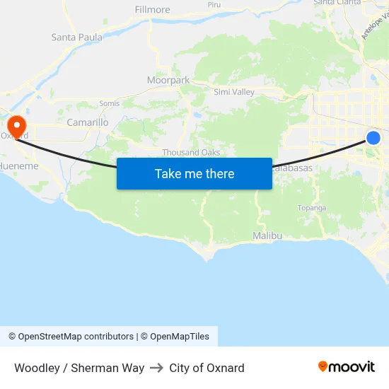 Woodley / Sherman Way to City of Oxnard map