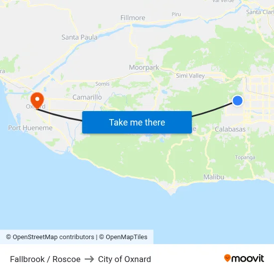 Fallbrook / Roscoe to City of Oxnard map