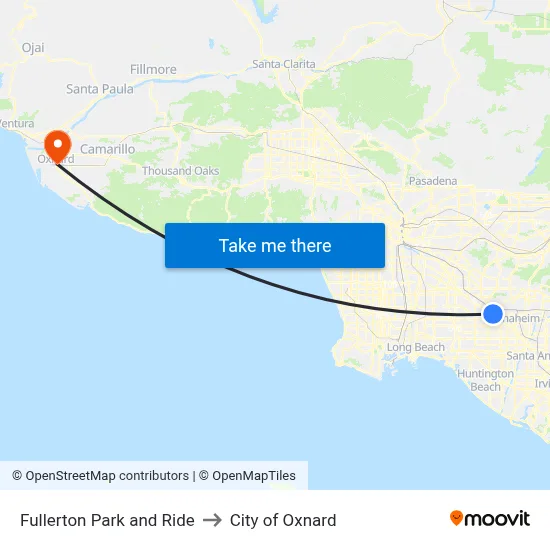 Fullerton Park and Ride to City of Oxnard map