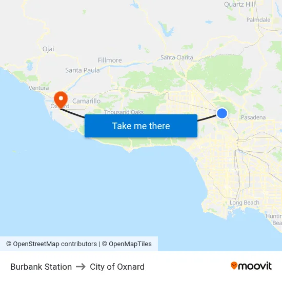 Burbank Station to City of Oxnard map