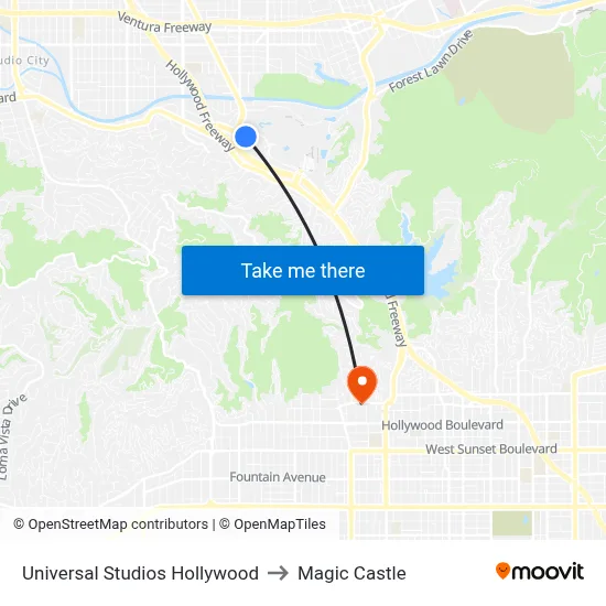 Universal Studios Hollywood to Magic Castle map