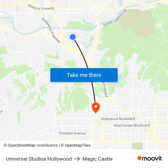 Universal Studios Hollywood to Magic Castle map