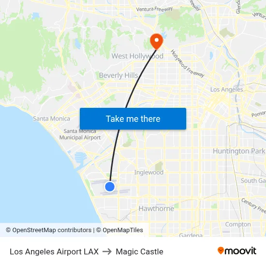 Los Angeles Airport LAX to Magic Castle map