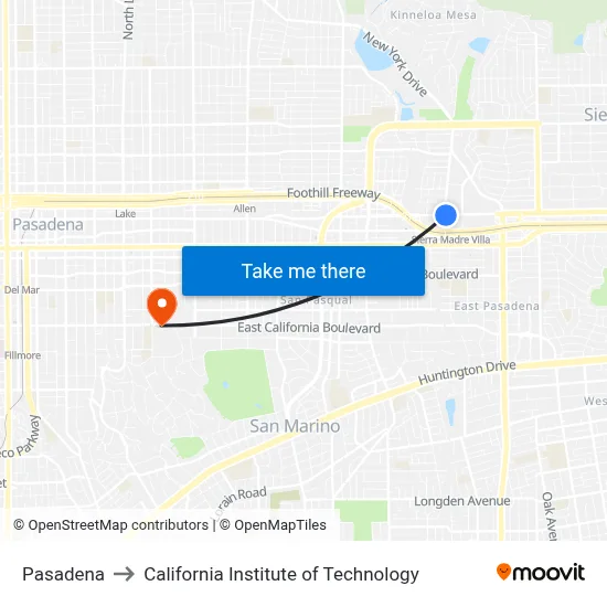 Pasadena to California Institute of Technology map