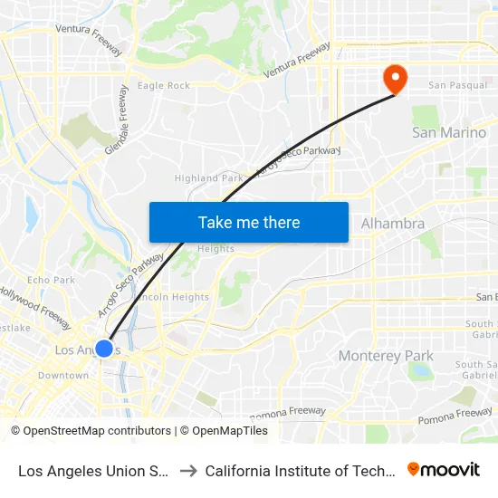 Los Angeles Union Station to California Institute of Technology map