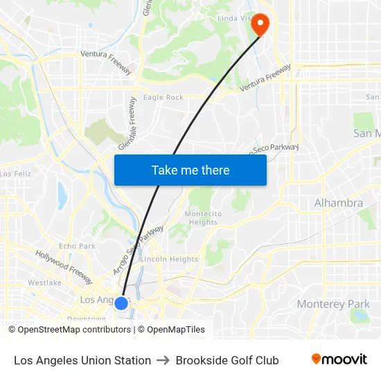 Los Angeles Union Station to Brookside Golf Club map