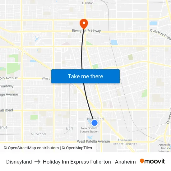Disneyland to Holiday Inn Express Fullerton - Anaheim map