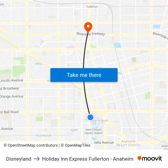 Disneyland to Holiday Inn Express Fullerton - Anaheim map