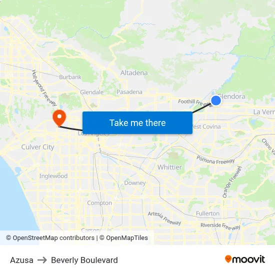 Azusa to Beverly Boulevard map