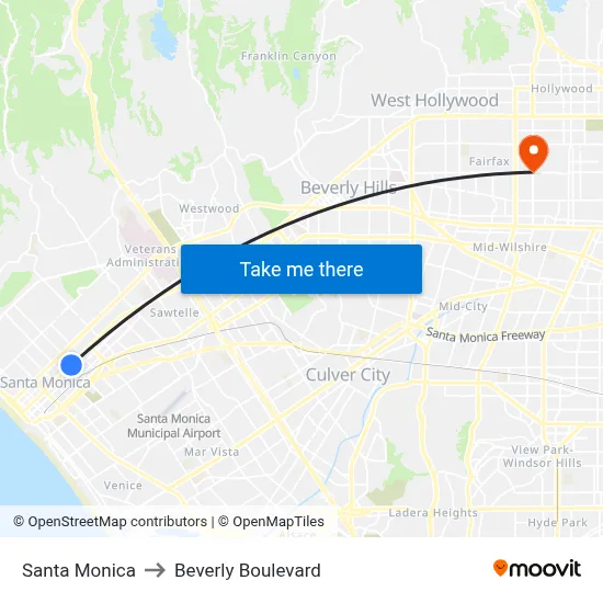 Santa Monica to Beverly Boulevard map