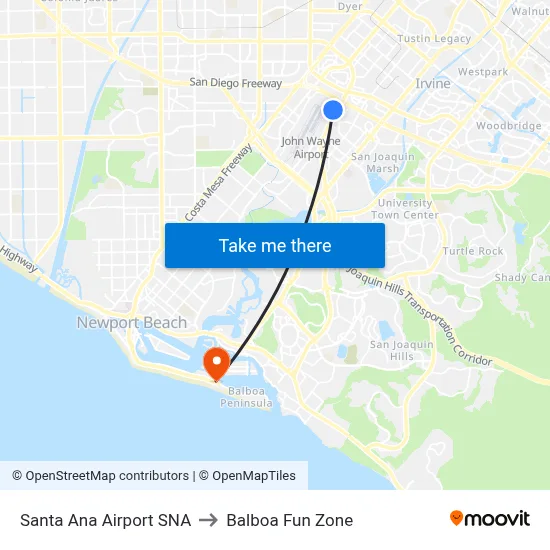 Santa Ana Airport SNA to Balboa Fun Zone map