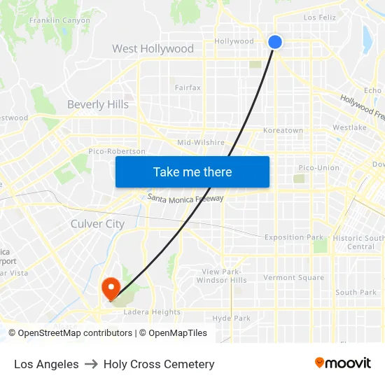 Los Angeles to Holy Cross Cemetery map