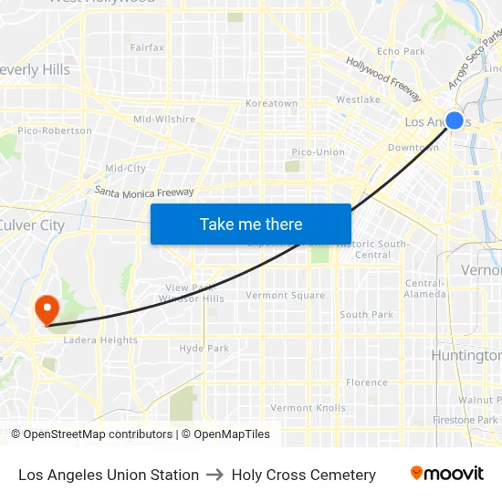 Los Angeles Union Station to Holy Cross Cemetery map