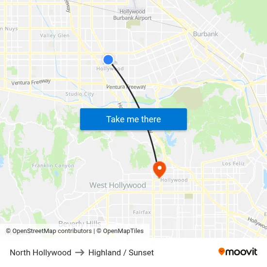 North Hollywood to Highland / Sunset map