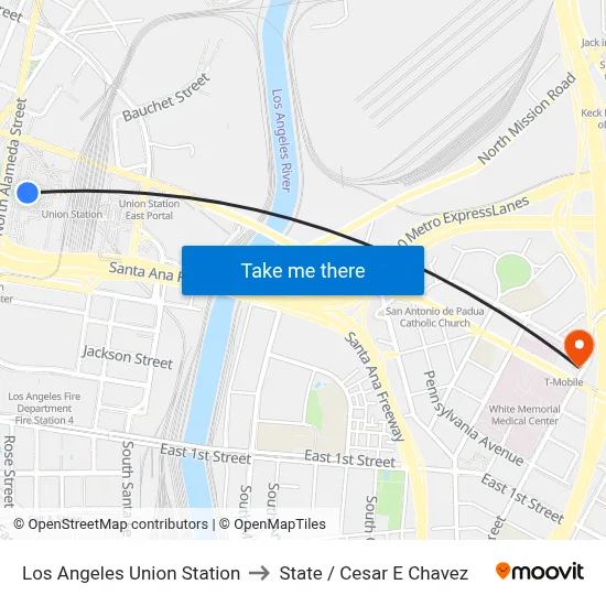 Los Angeles Union Station to State / Cesar E Chavez map