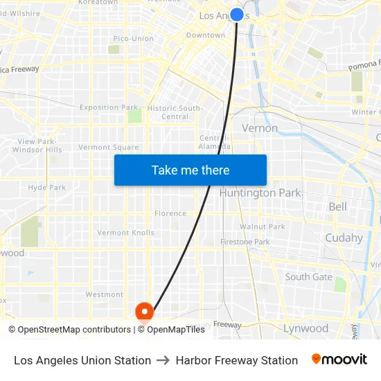 Los Angeles Union Station to Harbor Freeway Station map