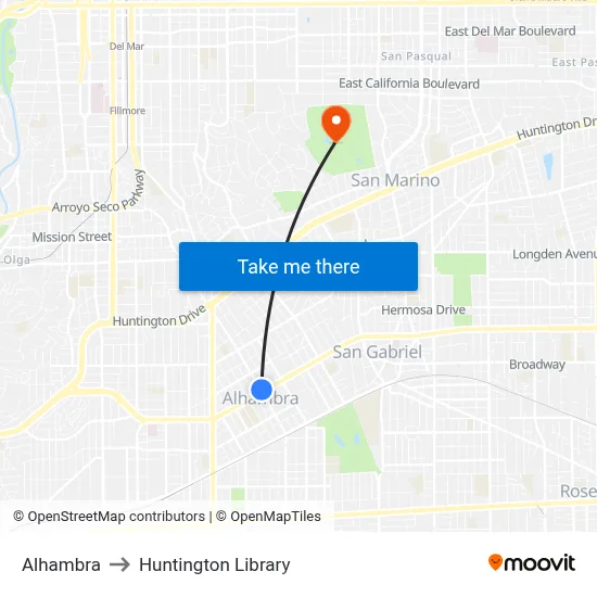 Alhambra to Huntington Library map