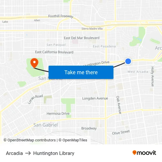 Arcadia to Huntington Library map