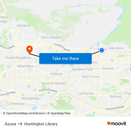 Azusa to Huntington Library map