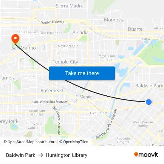 Baldwin Park to Huntington Library map