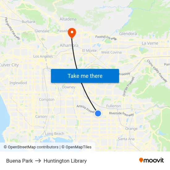 Buena Park to Huntington Library map